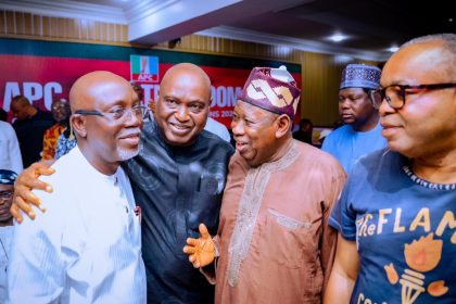 From left, Aiyedatiwa, Oyebanji, Ganduje and others celebrating the victory