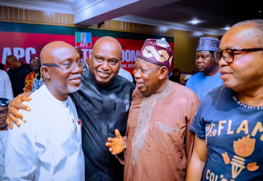 From left, Aiyedatiwa, Oyebanji, Ganduje and others celebrating the victory